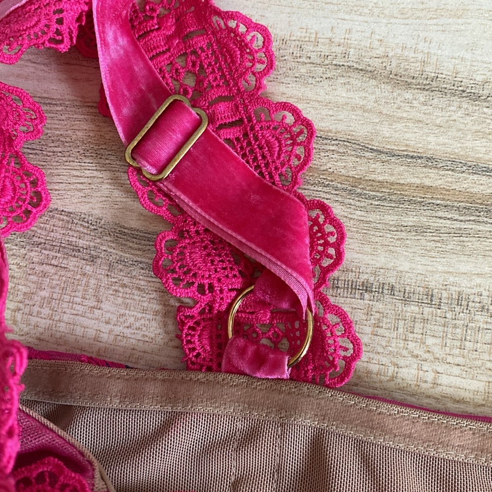 Bronx and Banco Hot Pink Lace Appliqué Asymmetric Midi Dress - Picture 13 of 16